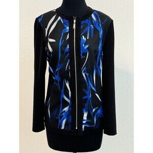 MISOOK Blue/Black Contrast Panel Zip Front Jacket Cardigan Sz XS Abstract Print